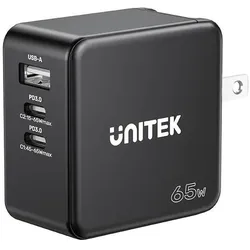 Unitek Ładowarka Ładowarka GaN, PD 65W, podróżna, 3 porty (65 W, 3 Ports), USB Ladegerät, Schwarz