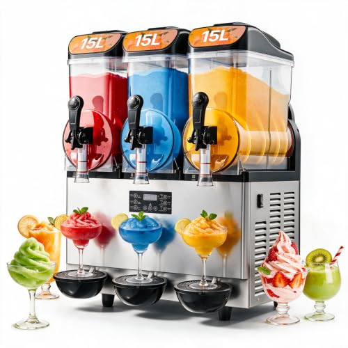 VEVOR Commerciële Slush Machine met 3 Tanks, 45L IJsmachine van Roestvrij Staal voor Smoothies en Margarita's, Zilver
