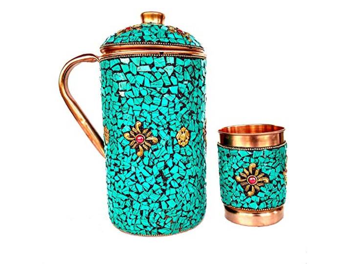 Rastogi Handicrafts Krug aus reinem Kupfer mit Krug Green Jug + 1glass