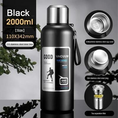 Inspire Select Large Capacity Stainless Steel Insulated Thermos Tumbler Vacuum Thermal Travel Mug For Hot & Cold Drinks black 67.6 Fl Oz
