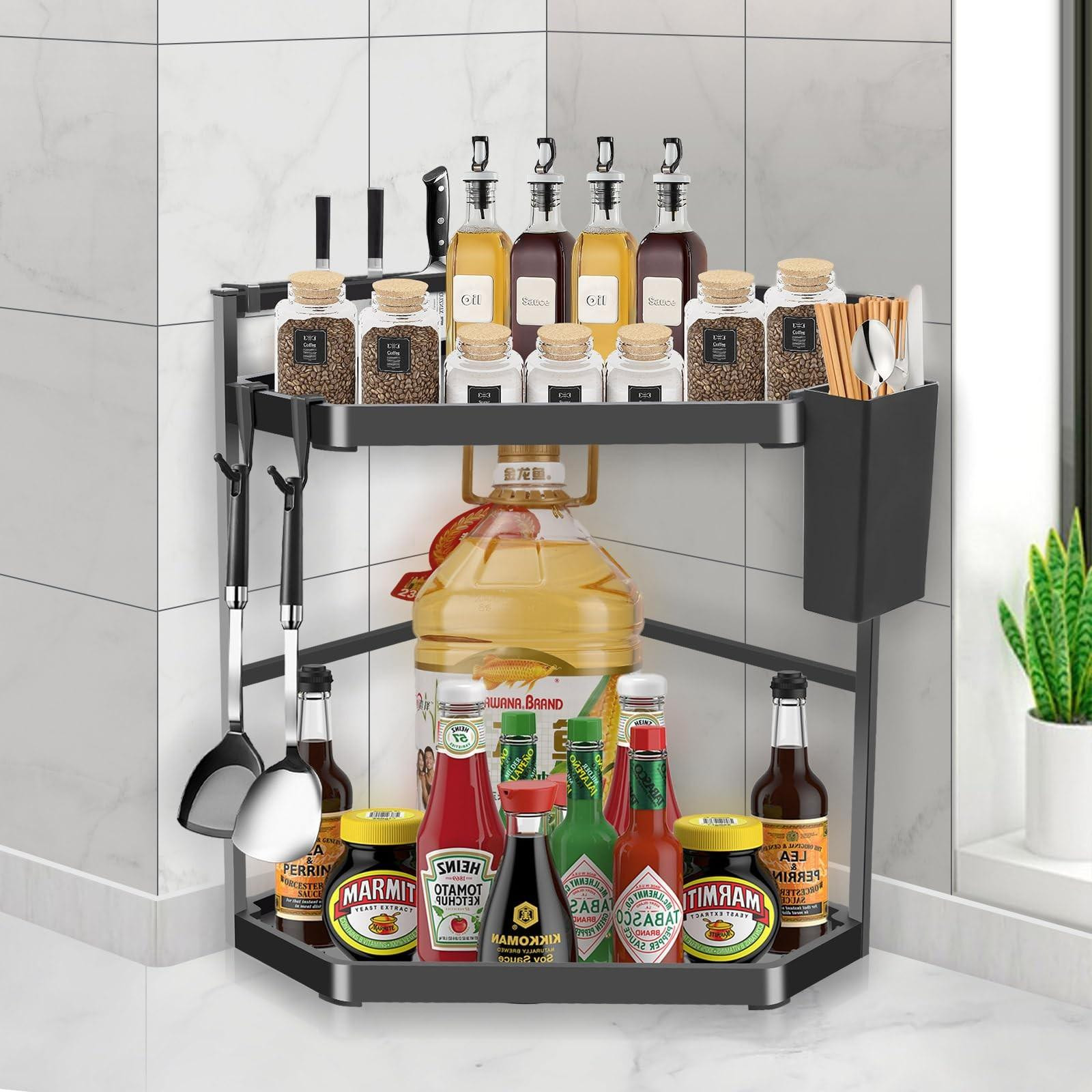 Verstelbaar hoekrek voor de keuken en badkamer met twee lagen en roestvrijstalen werkblad