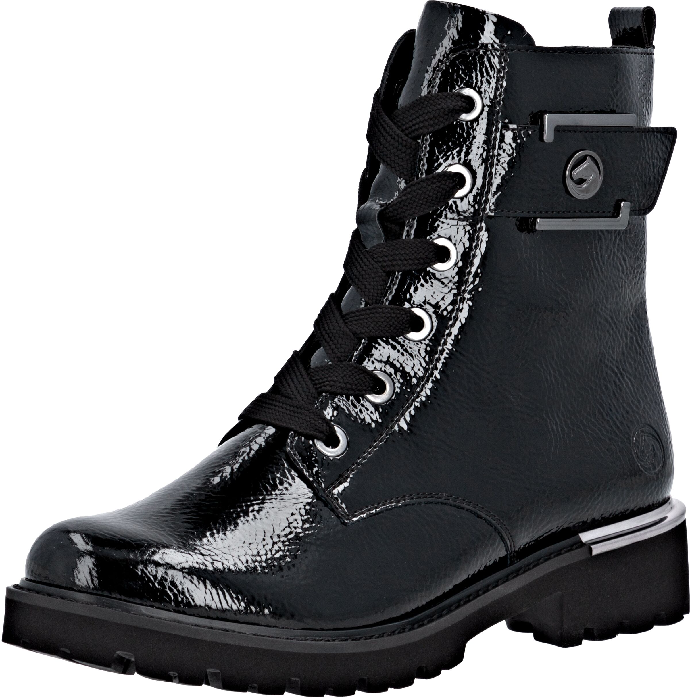 Schnürstiefelette REMONTE, Damen, Gr. 36, wärmend, schwarz (schwarz uni), Lacklederimitat, glänzend, Schuhe Schnürstiefelette, Blockabsatz, Schnürboots im Kroko-Look, Innenreissverschluss schwarz uni 36, wärmend