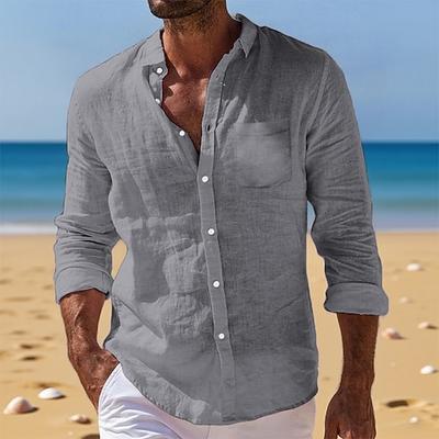 Herren Hemd Leinenhemd Sommerhemd Durchgeknöpft Hemd Strandhemd Hemden zum Herausstecken Einfach Urlaub Alltagskleidung Schwarz Weiß Hellgrün Rosa Langarm Umlegekragen Sommer Frühling Herbst
