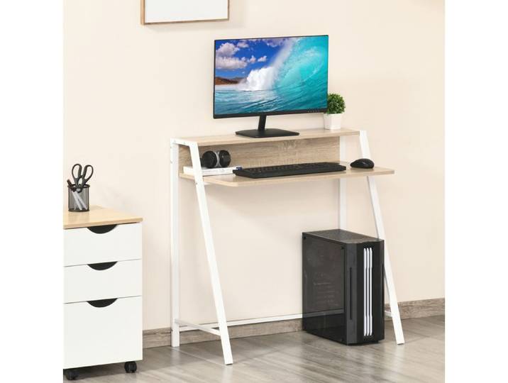 Bureau informatique avec passe-câbles et étagère - LPOSPI - structure MDF et métal blanc décor chêne 84 × 45 × 85 cm