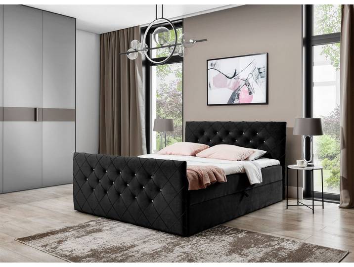 Fun Möbel Boxbett Schlafzimmerbett EIVOR (Inkl. Bettkasten, inkl. Topper), Kopfteil und Fußteil mit Strasssteinen besetzt