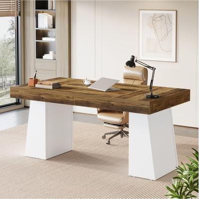 Bluebell 55-Inch Modern Minimalist Executive Desk, Wood Office Computer Desk with Double Pedestal, Workstations Writing Table