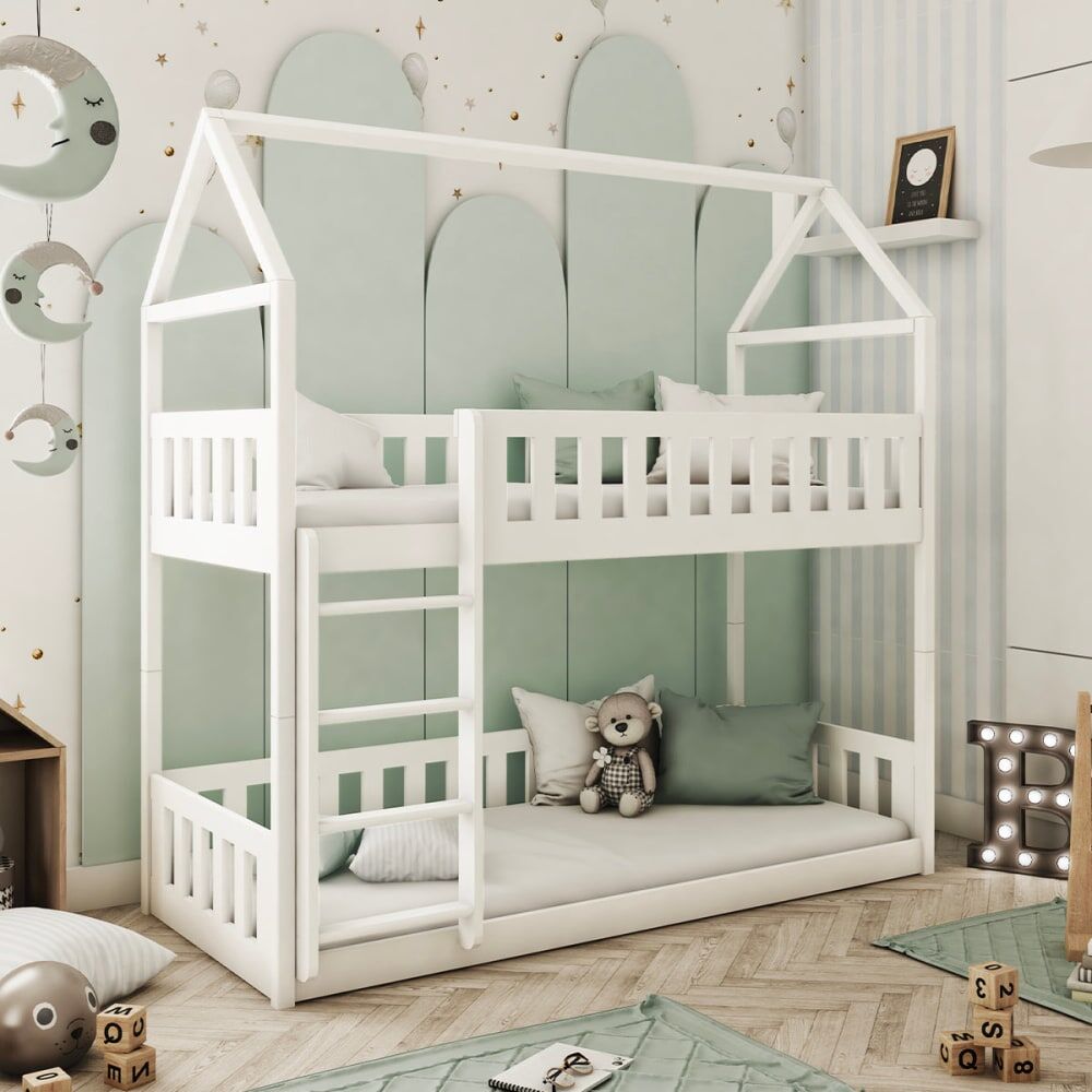 Petits meubles Lit cabane superposé 90x190 au sol bois blanc Blanc 198x193x97cm