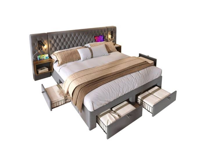 ELVORIN Lit capitonné 160 x 200 cm gris velours 2 tables de chevet 4 tiroirs lampes de lecture USB et Type C sans matelas