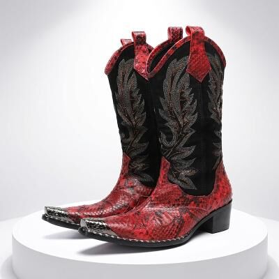 LightInthebox Men's Red Embroidered Cowboy Boots – Vintage Western Riding Boots, Designer Footwear for Rodeos, Country Concerts, Music Festivals and Stage Performances