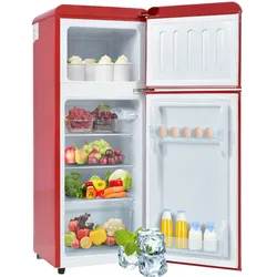 Retro-Kühlschrank Doppeltür 92L Kühlvolumen 28L Gefrierfach 45dB Rot 105x41x45 cm LED-Beleuchtung kompakt