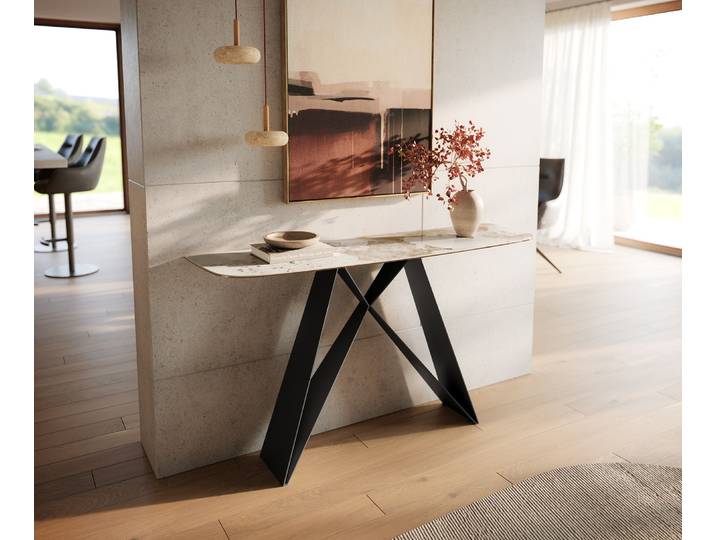 Konsolentisch Edge Boot 140x40 cm Keramik Minas Melange Weiß-Beige Velio Metall Schwarz, Konsolentische