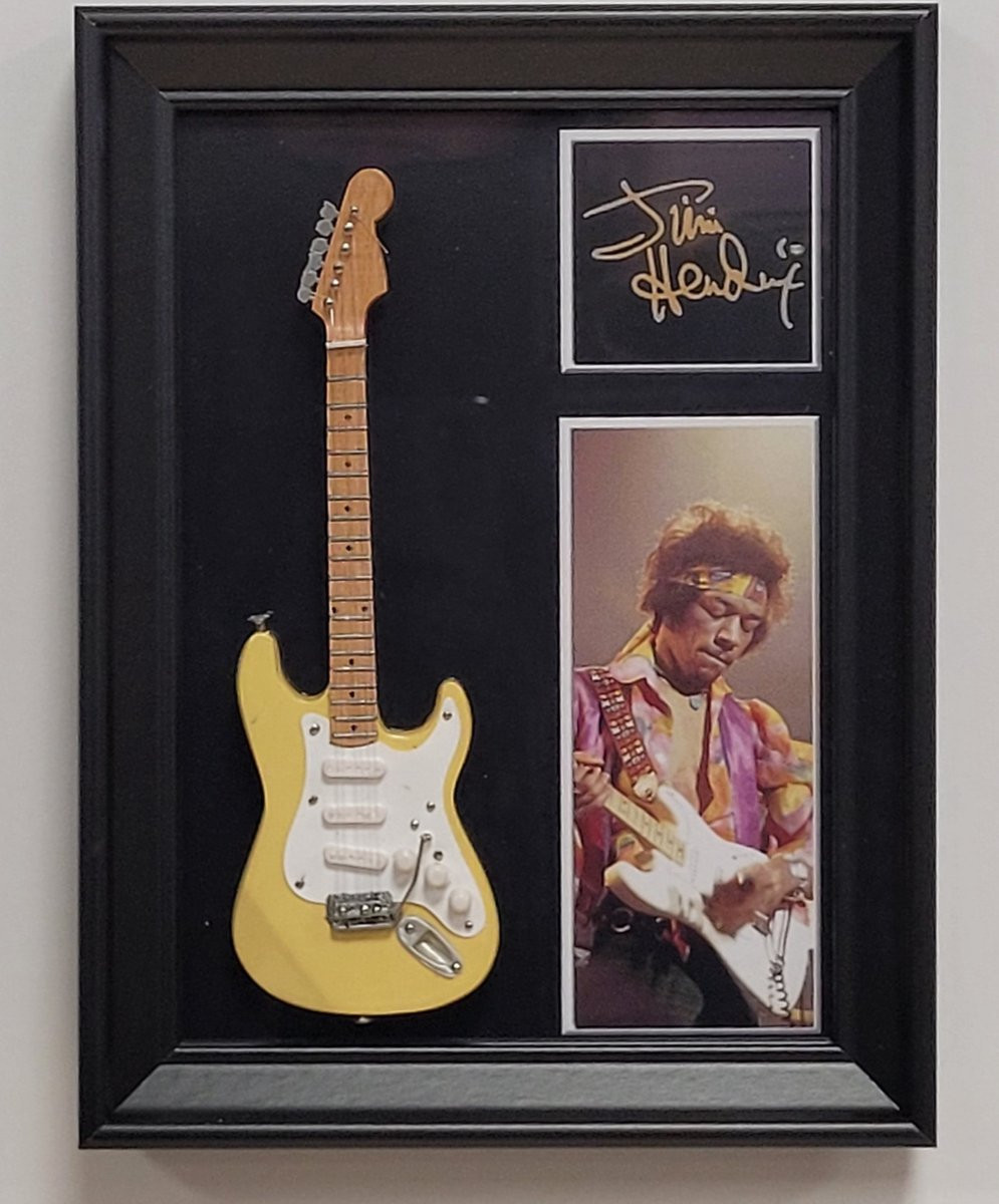 Jimi Hendrix Miniatuur Gitaar Wanddecoratie met Lijst 20 x 15 cm