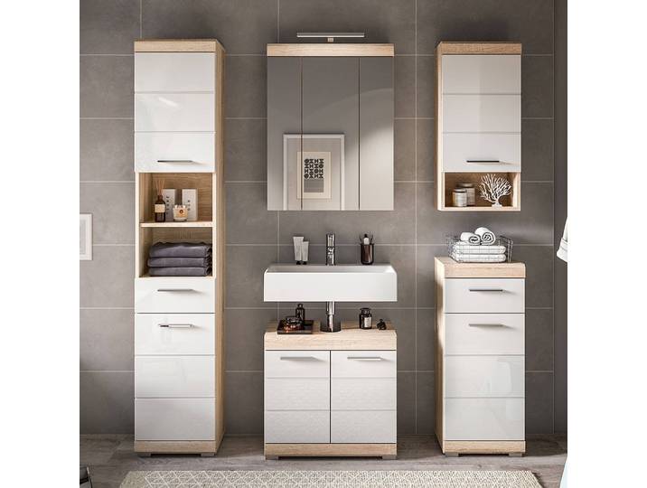 Badezimmerset Scout 5-tlg Spiegelschrank 164 x 191 x 34cm Weiß/Weiß/Eiche Sägerau Dekor ohne Beleuchtung
