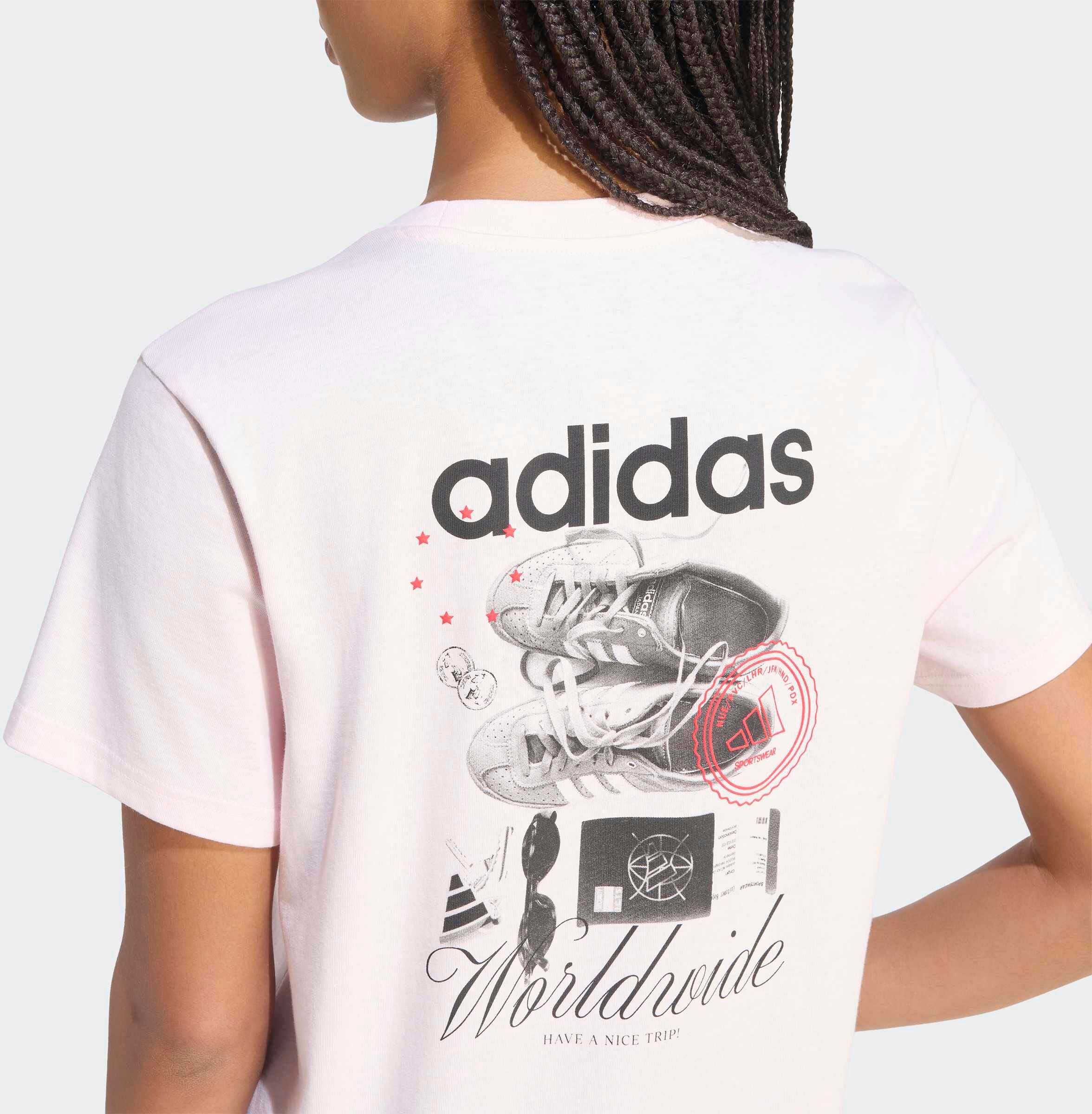 T-Shirt ADIDAS SPORTSWEAR "TRAVEL GRAFIK ; LOCKER GESCHNITTEN", Damen, Gr. M, rosa (distilled pink), Obermaterial: 100% Baumwolle, Shirts T-Shirt distilled pink M