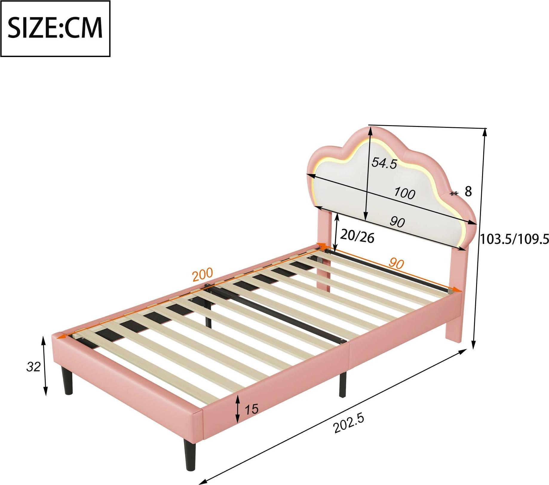 Kinderbett - Polsterbett - 90 x 200 cm - Lattenrost - PolyurethanKunstleder - Holzgestell - Prinzessinnen-Design - Einzelbett