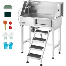 VEVOR Hundewaschstation aus Edelstahl, 870x488x1118mm Haustierpflegewanne bis 100kg mit Rechter Schiebetür & Treppe, Tierbadewanne inkl. Abfluss Duschkopf Seifenhalter für Mittlere & Kleine Haustiere