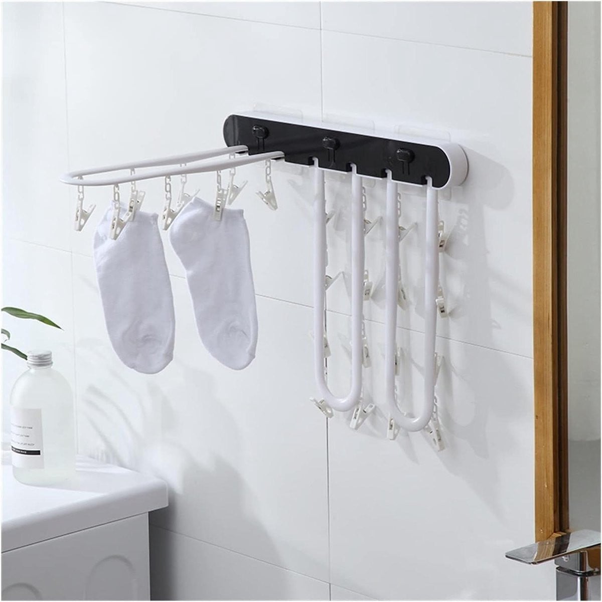 Inklapbaar wanddroogrek voor kleding met multi-clips, zwart