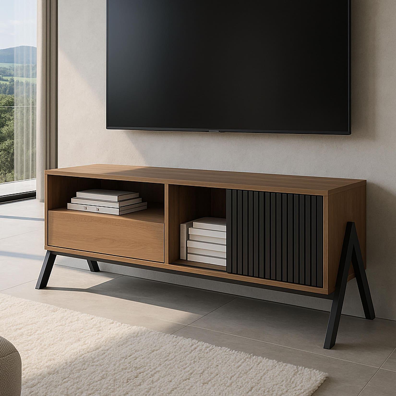 TV-Rack MCW-O40, Lowboard TV-Schrank Schiebetür Staufächer Schublade, MDF Metall Melamin 49x120x40cm ~ natur
