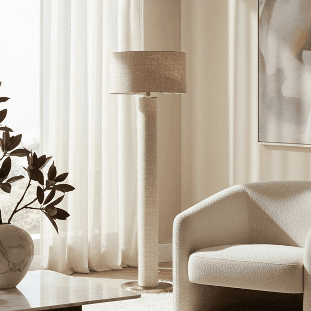Nerisse Beige Linen Fabric Floor Standing Lamp with Gold Base