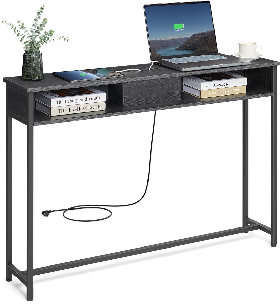 VASAGLE Consoletafel met stopcontacten en 2 vakken, smal en ruimtebesparend, Breedte: 120 cm, Hoogte: 81 cm, Diepte: 25 cm
