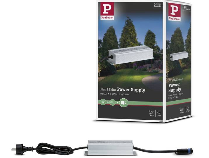 Trafo PAULMANN Outdoor Plug & Shine Power Supply Silber Alu , silber (silberfarben, schwarz), B:6,8cm H:3,6cm T:19,9cm, Netzteile, Trafo, IP67 230/24V DC 75W