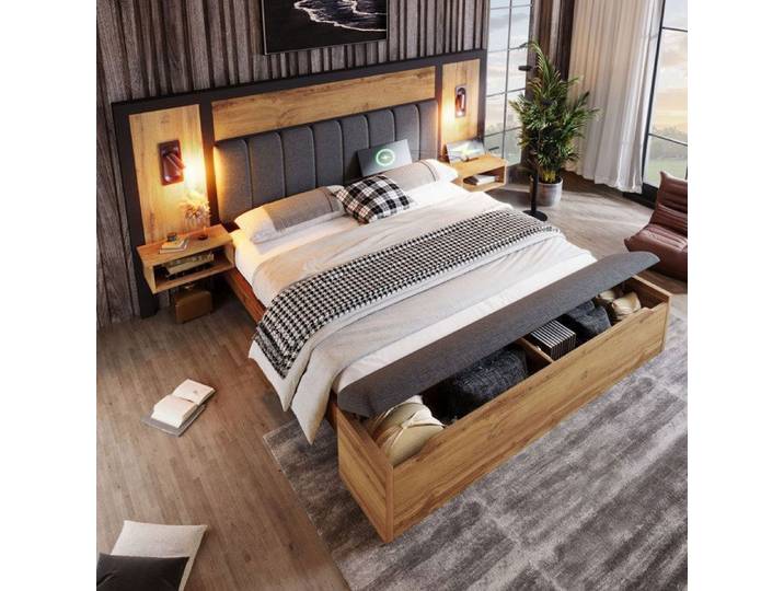 Lit coffre 180 x 200 cm SENVIRO lit double avec sommier à lattes liseuses USB Type C tables de chevet banquette chêne