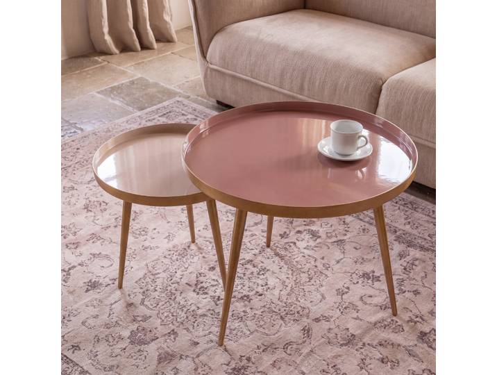 Set aus 2 ineinander schiebbaren Couchtischen in Beige, Rosa und Gold