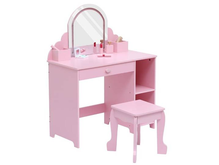 Coiffeuse Enfant en Bois avec Miroir et Tabouret Table de Maquillage Fille Rangement et Lumière LED Meuble Chambre Enfant Rose