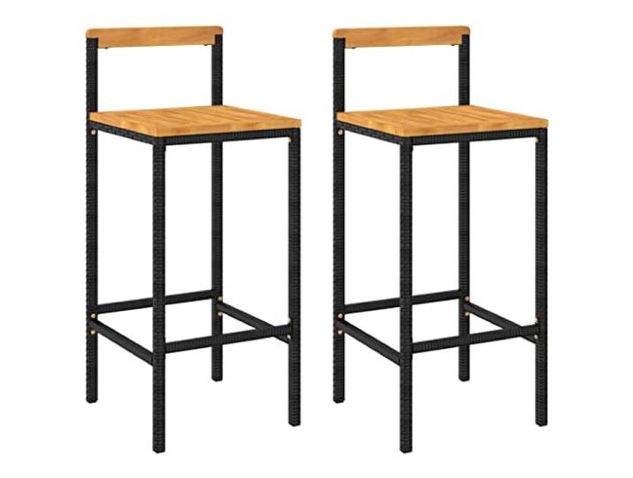 GHVBNMF Barhocker 2er Set Schwarz Poly Rattan & Akazienholz Modernes 2er Set Stühle mit integrierter Fußstütze für Küche, Balkon und Terrasse. Pflegeleichte Leichtbauweise.