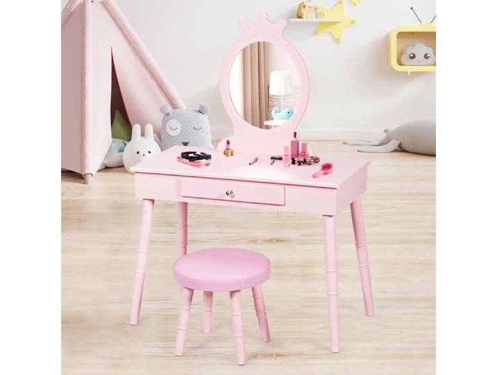 DREAMADE Coiffeuse Enfant avec Miroir et Tabouret Ensemble Coiffeuse Princesse en MDF et Bois de Pin avec Tiroir et Miroir Rose