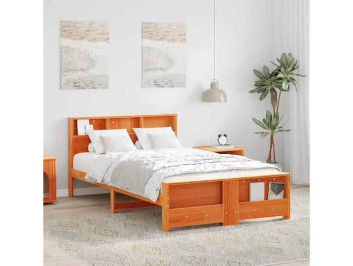 RJPLMFV Bettgestell, 135 x 190 cm, Wachsbraun Massives Kiefernholz, Plattform mit Latten, modernes Design, pflegeleicht