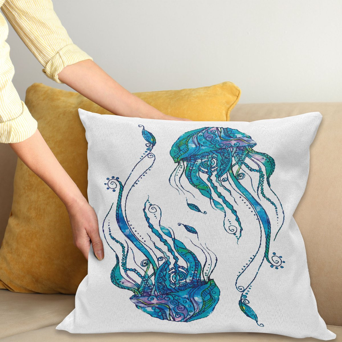 ABAKUHAUS Sierkussenhoes Jellyfish met Boheems Strandthema, Turquoise, 50 x 50 cm