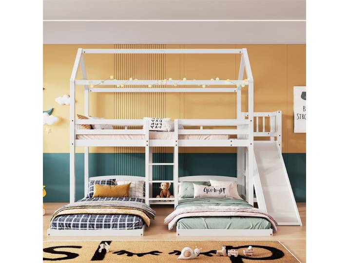 DRIPEX Lit Superposé Lit Triple 90x200cm Lit enfant avec toboggan Étagère ouverte Lit maison avec toit Pin+MDF Blanc