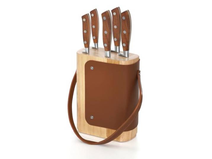 SABATIER TROMPETTE Ryokan - Bloc avec 5 couteaux de cuisine Bloc + office\, utile\, santoku\, chef et pain 20 cm\, acier 5Cr15MoV\, manche en bois de frêne