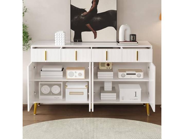 QLTXYHML Sideboard, 140 x 37,8 x 82 cm, 4 Schubladen, 4 Türen, goldene Griffe