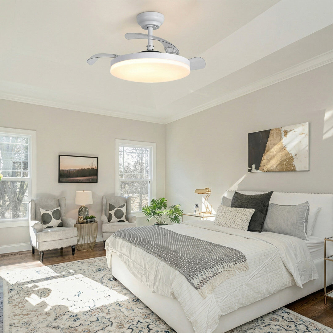 Metro Modern Matt White Metal & PC LED Ceiling Fan Light, 106 or 107cm, Dimmable, 6 Speeds, Bedroom 91cm Wide