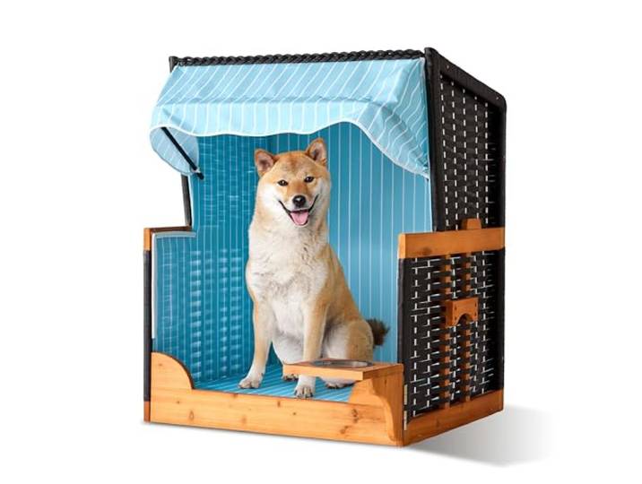 Relaxdays Fauteuil de Plage pour Chien\, rotin\, avec Bol et Toit\, HxLxP:95x75x65 cm\, Jardin/terrasse\, Bois\, Bleu Clair
