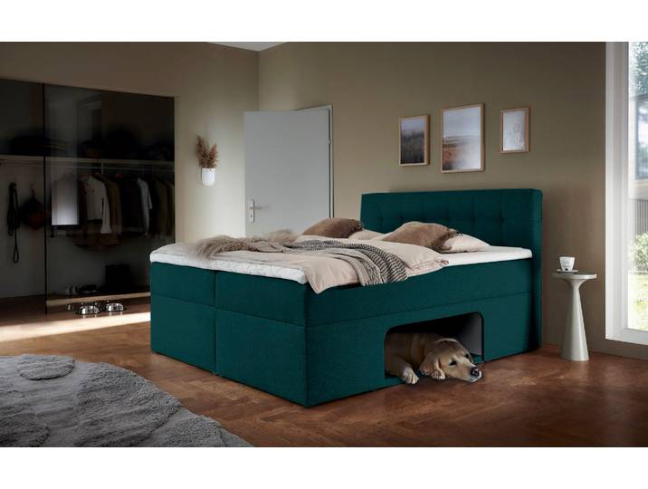 Boxbett, Taschenfederkern, Nachtblau Meliert, 142×210 cm, Mit Nische & Gepolsterter Unterlage für Haustiere, Modern, Places of Style