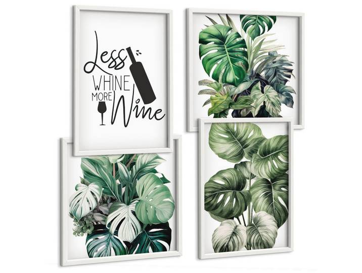 Tulup Bilder SET 4er Set - 50x50 cm & 40x60 cm Weißer Rahmen - Grüne Weinblätter, Kunststoff, Rechteckig, 50x50 cm, einfache und schnelle Anbringung, Bilder & Rahmen, Bilder
