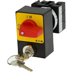 Eaton 228291 Panikschalter, T0, 20 A, Einbau, 3-polig, mit rotem Knebel und gelbem Frontschild, Zylinderschloss-Sperre SVA T0-2-1/E/SVA(S)-RT