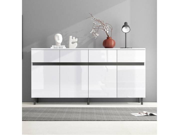 Buffet bas blanc brillant AESVAR 160 cm 4 tiroirs 2 portes étagères réglables