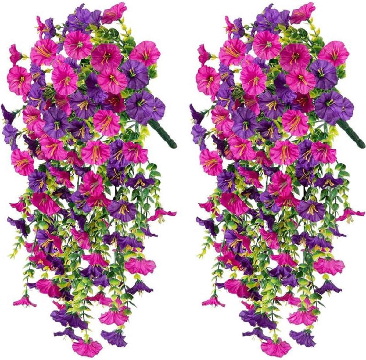 Set van 2 UV-bestendige kunst petunia hangplanten in paars en rozerosa, hoogte 75 cm