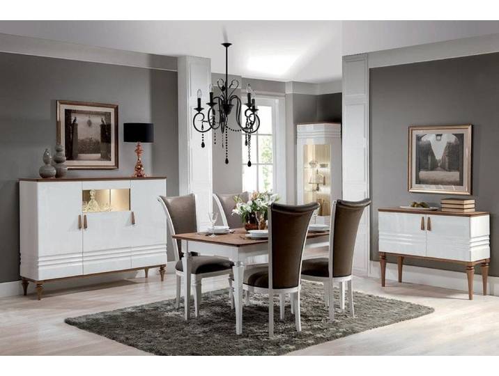 JVmoebel Esszimmer-Set Elegantes Wohnraum-Ensemble mit Kommode, Tisch und Stühlen, (7tlg Esszimmer Set (Esstisch + 4x Stühle + Vitrine + Kommode), Made in Europa