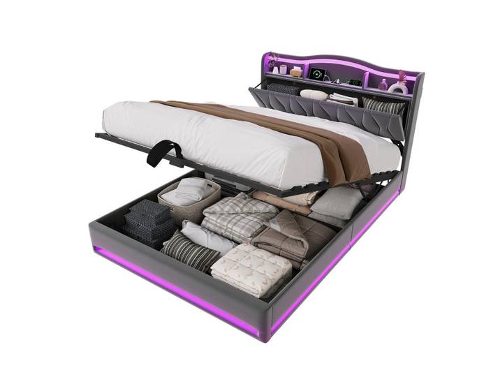 Polsterbett 140x200 cm Grau mit Led, USB und TypeC, Stauraumkopfteil & Bettkasten, Holz, 140x200 cm, Schlafzimmer, Betten, Polsterbetten