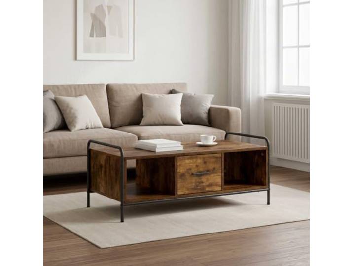 KUTYWEXFM Couchtisch mit Schublade Räuchereiche 99,5x49x41 cm Praktischer Wohnzimmertisch aus Holzwerkstoff mit verzinktem Stahlrahmen, 1 Schublade und 75 kg Belastbarkeit.
