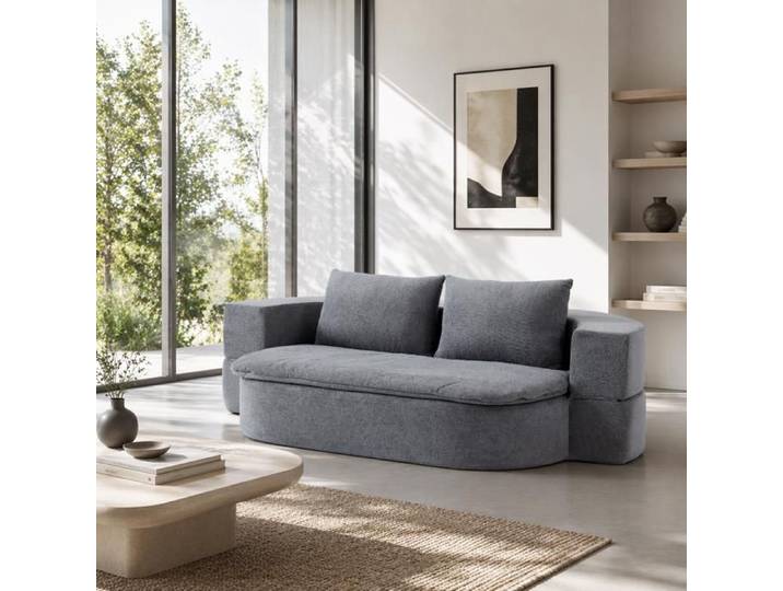 Canapé de Sol Convertible 2 Pl. en Mousse HD Gris - Futon de Sol avec 2 Coussins et Couverture - Sans Montage - Gain de place