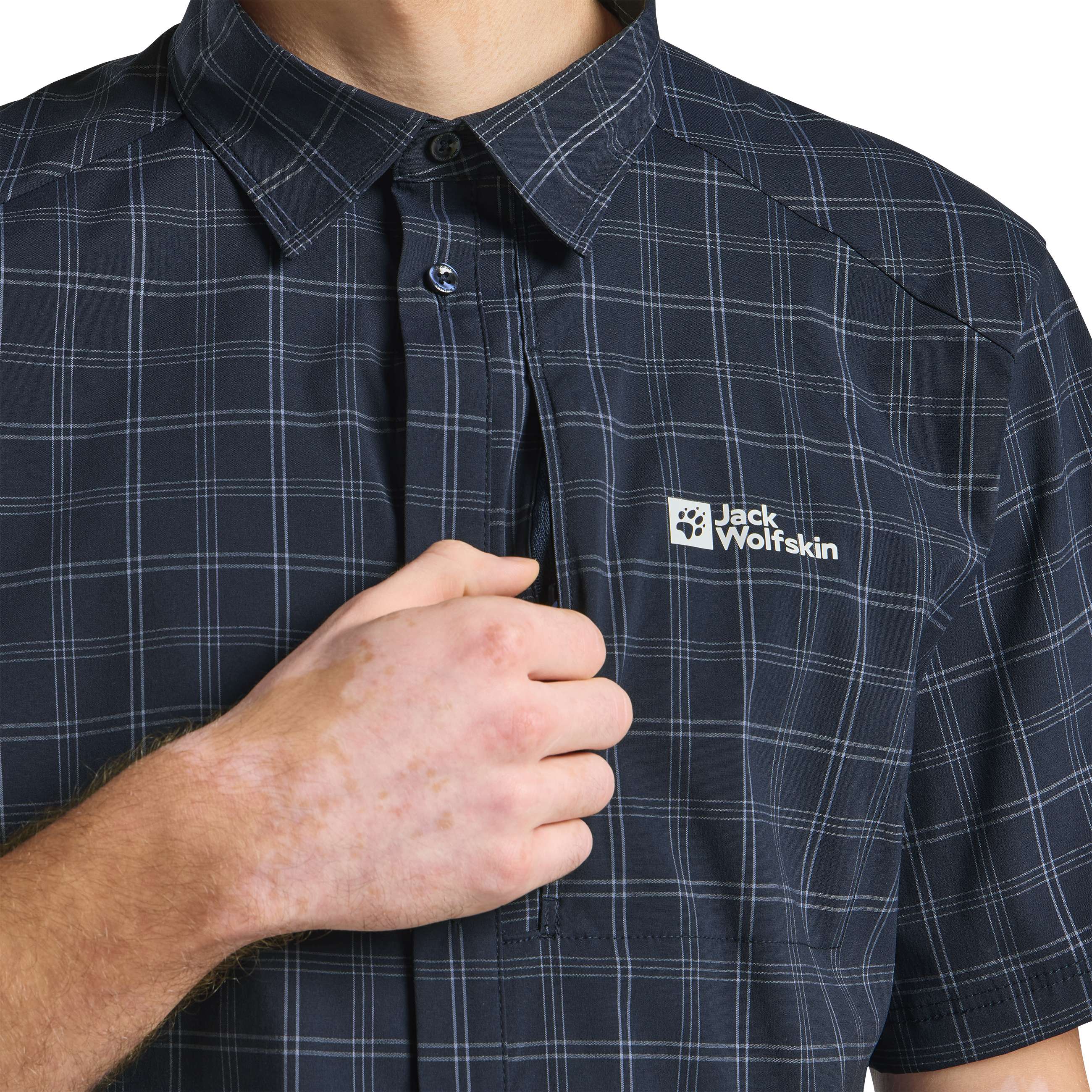 Funktionshemd JACK WOLFSKIN "NORBO S/S SHIRT M", Herren, Gr. M (50), Normalgrössen, blau (nightblau, checks), Obermaterial: 95% Polyamid, 5% sonstige Fasern, Hemden Funktionshemd nightblau, checks M (50), Normalgrössen
