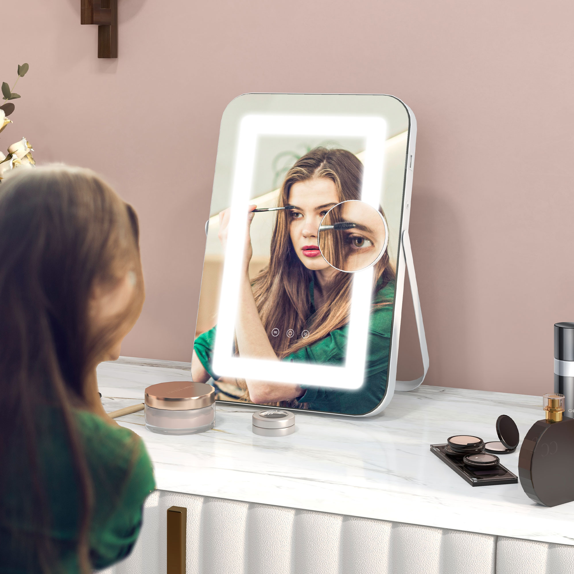 Homcom Specchio Trucco con Luci Regolabili a 3 Colori, Presa USB e Specchietto Ingranditore 10x, 31x41.5x3cm, Bianco