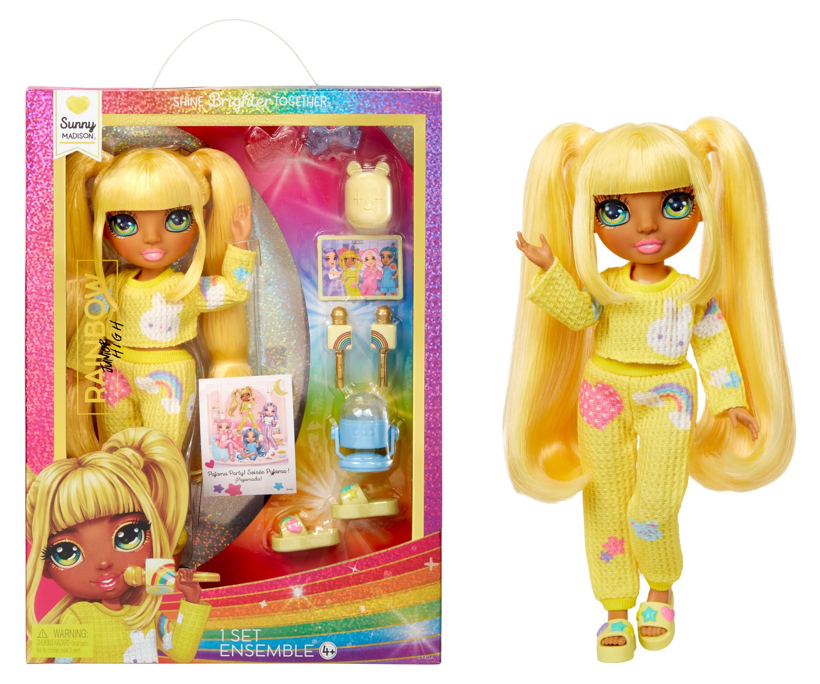 Rainbow High Junior High Pajama Party Articulated Fashion Doll Sunny Geel met accessoires voor kinderen vanaf 4 jaar