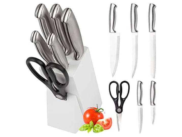 Classbach Bloc de Couteaux avec Couteaux - 7 Pièces Ensemble de Couteaux Inclus Ciseaux de Cuisine\, Ensemble de Couteaux de Cuisine avec Lames en Acier Inoxydable\, Lot de 5x Lames Tranchantes +